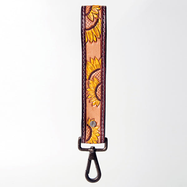 ADBRF132 Hand Tooled Leather Sunflower Wristlet Keychain - Western Style with Concho Accent