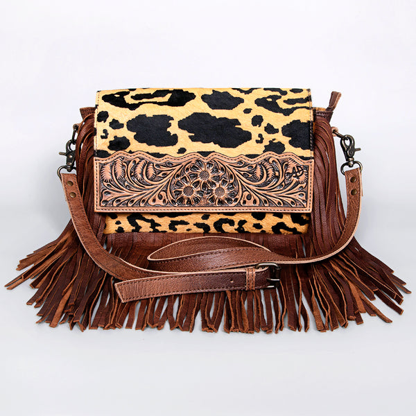 ADBG524 American Darling Hair-On Cowhide Leather Fringe Crossbody with Hand-Tooled Floral Flap