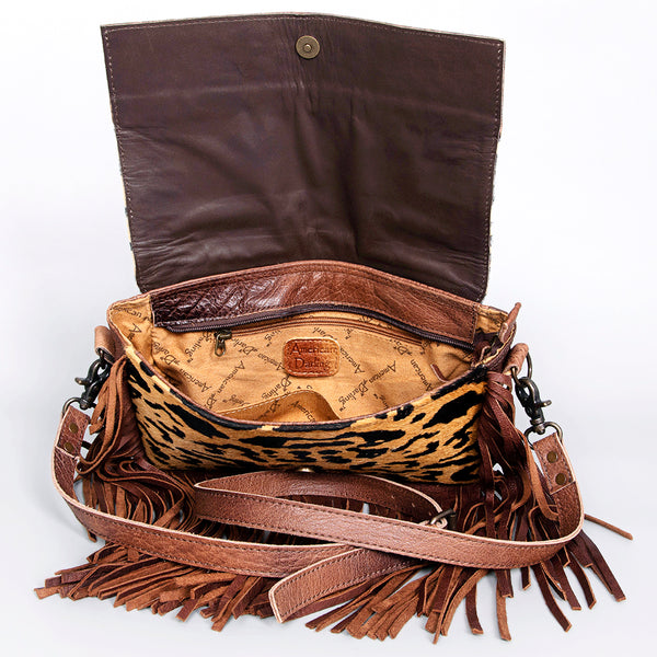 ADBG524 American Darling Hair-On Cowhide Leather Fringe Crossbody with Hand-Tooled Floral Flap