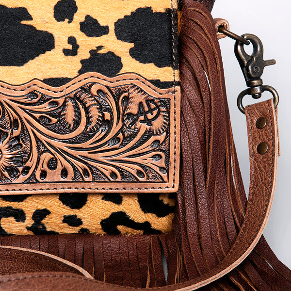 ADBG524 American Darling Hair-On Cowhide Leather Fringe Crossbody with Hand-Tooled Floral Flap