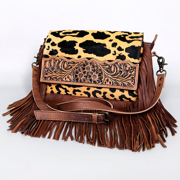 ADBG524 American Darling Hair-On Cowhide Leather Fringe Crossbody with Hand-Tooled Floral Flap