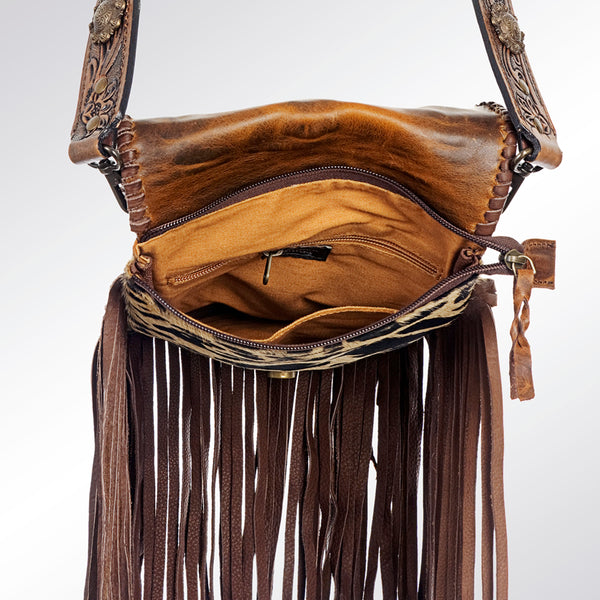 ADBG522 American Darling Hand Tooled Strap & Hair-On Cowhide Western Cross body Bag with Fringes
