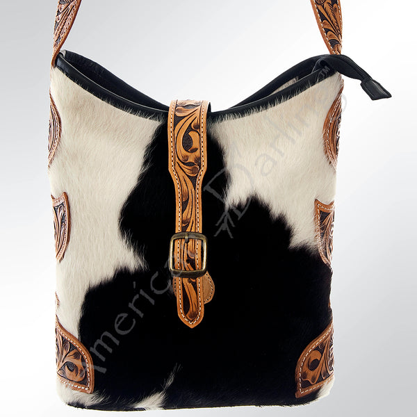 ADBG539BKW American Darling Black & White Cowhide Crossbody Bag with Tooled Leather Accents Western Bucket Style