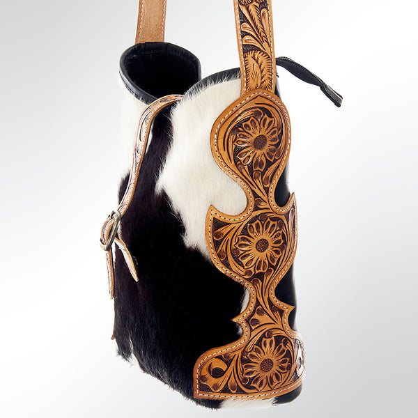 ADBG539BKW American Darling Black & White Cowhide Crossbody Bag with Tooled Leather Accents Western Bucket Style