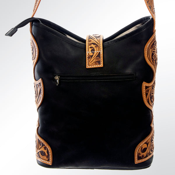 ADBG539BKW American Darling Black & White Cowhide Crossbody Bag with Tooled Leather Accents Western Bucket Style
