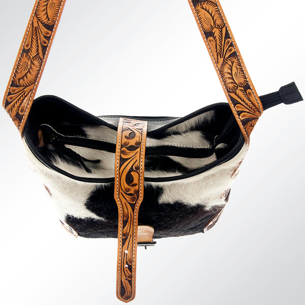 ADBG539BKW American Darling Black & White Cowhide Crossbody Bag with Tooled Leather Accents Western Bucket Style
