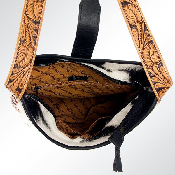 ADBG539BKW American Darling Black & White Cowhide Crossbody Bag with Tooled Leather Accents Western Bucket Style
