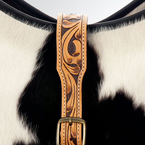 ADBG539BKW American Darling Black & White Cowhide Crossbody Bag with Tooled Leather Accents Western Bucket Style