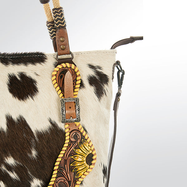 ADBG540BRW American Darling Hand Tooled Floral Leather & Hair-On Cowhide Western Tote Bag