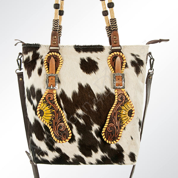 ADBG540BRW American Darling Hand Tooled Floral Leather & Hair-On Cowhide Western Tote Bag