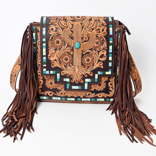 ADBG543 American Darling Hand Tooled Floral Leather Western Messenger Bag with Fringes