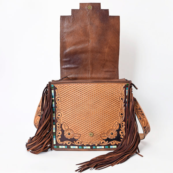 ADBG543 American Darling Hand Tooled Floral Leather Western Messenger Bag with Fringes
