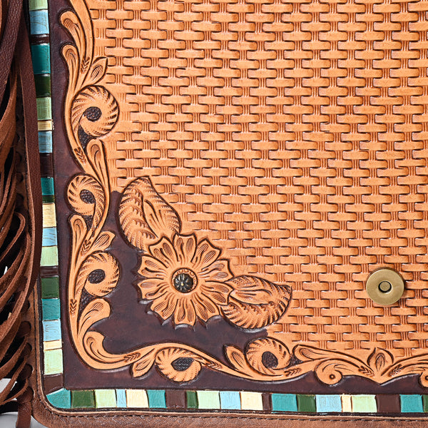 ADBG543 American Darling Hand Tooled Floral Leather Western Messenger Bag with Fringes