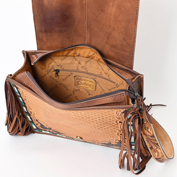 ADBG543 American Darling Hand Tooled Floral Leather Western Messenger Bag with Fringes