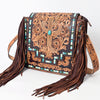 ADBG543 American Darling Hand Tooled Floral Leather Western Messenger Bag with Fringes