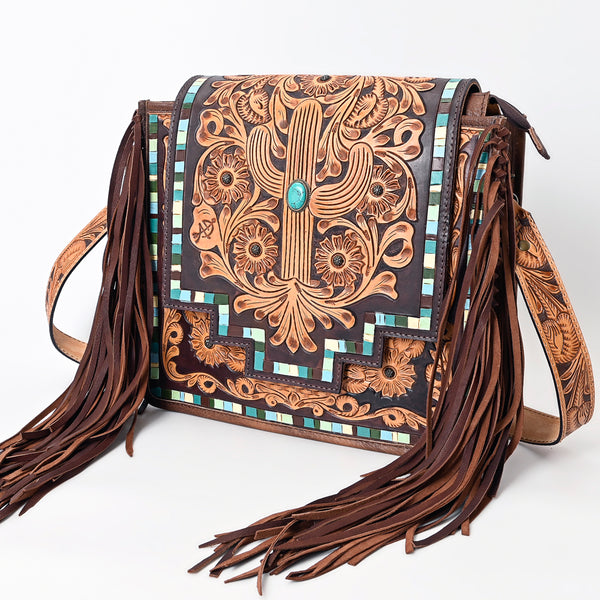 ADBG543 American Darling Hand Tooled Floral Leather Western Messenger Bag with Fringes