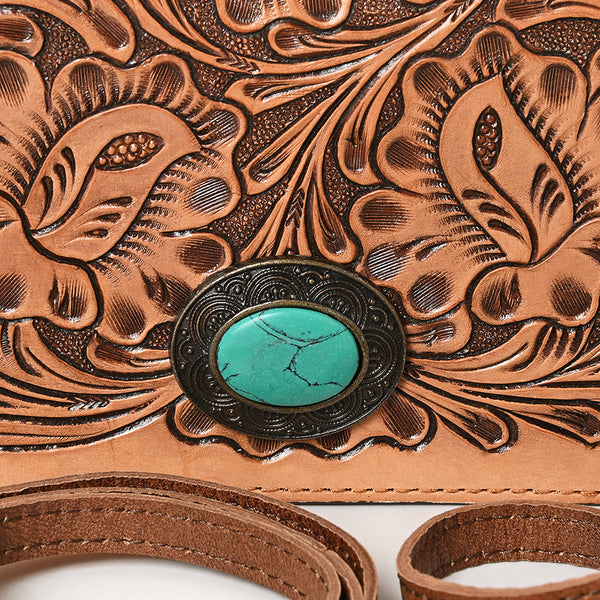 ADBG544 American Darling Hand Tooled Floral Leather Western Organiser Bag with Turquoise Concho
