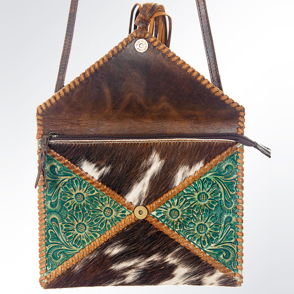 ADBG548BRW American Darling Hand Tooled Floral Leather & Hair-On Cowhide Western Envelop Bag