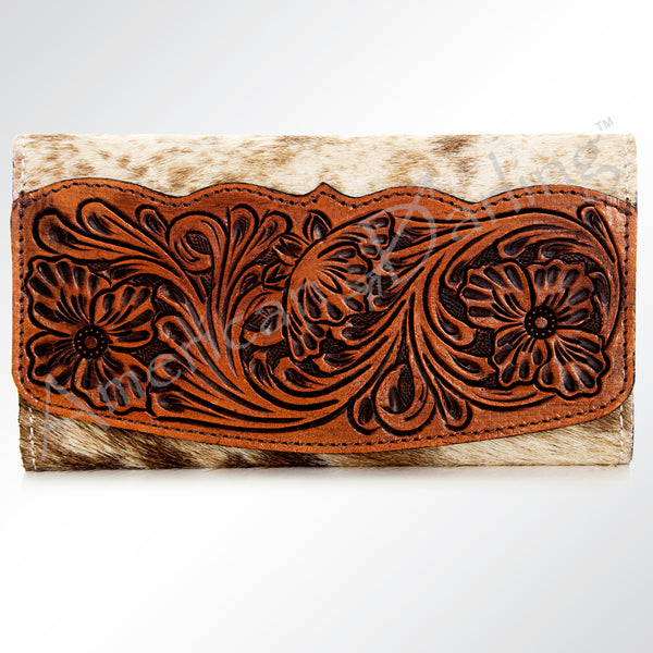 ADBG549TAW American Darling Hair-On-Hide Leather Wallet with Tooled Floral Flap Western Trifold Clutch