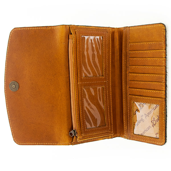 ADBG549TAW American Darling Hair-On-Hide Leather Wallet with Tooled Floral Flap Western Trifold Clutch