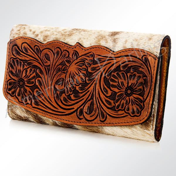 ADBG549TAW American Darling Hair-On-Hide Leather Wallet with Tooled Floral Flap Western Trifold Clutch