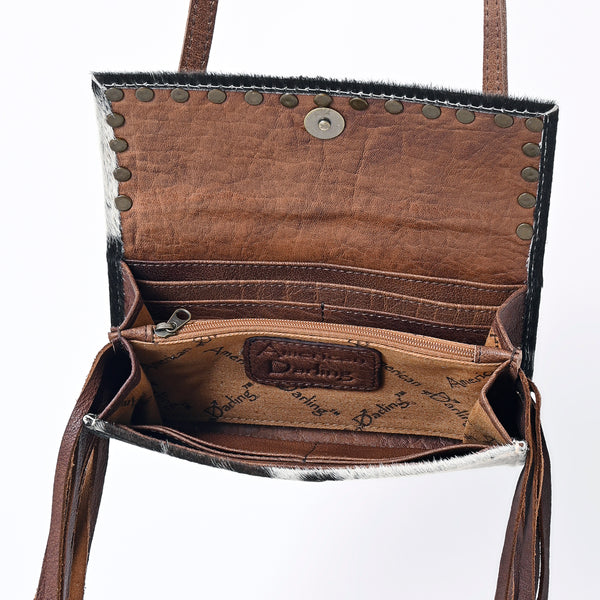 ADBG553BRW American DarlingWestern Cowhide & Leather Long Fringe Studded Crossbody