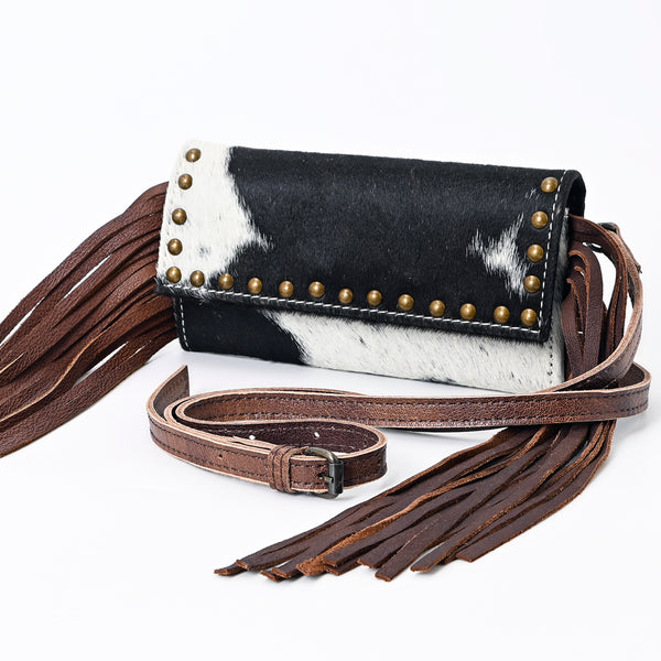 ADBG553BRW American DarlingWestern Cowhide & Leather Long Fringe Studded Crossbody
