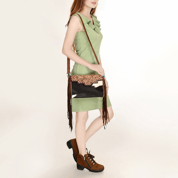 ADBG555 American Darling Hand Tooled Floral Leather & Hair-On Cowhide Small Cross body Bag
