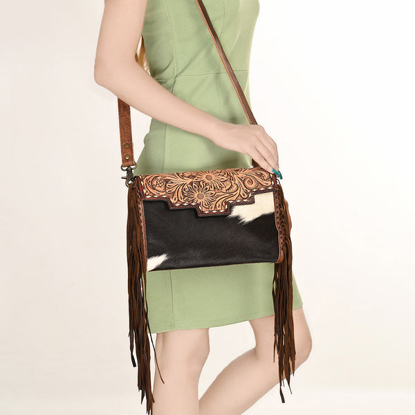 ADBG555 American Darling Hand Tooled Floral Leather & Hair-On Cowhide Small Cross body Bag
