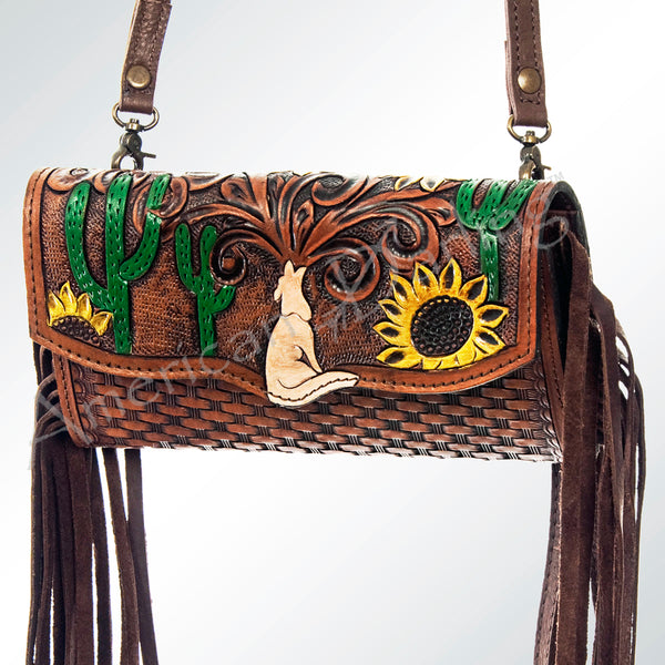 ADBG556 American Darling Hand Tooled Floral Leather Western Wristlet Bag with Fringes