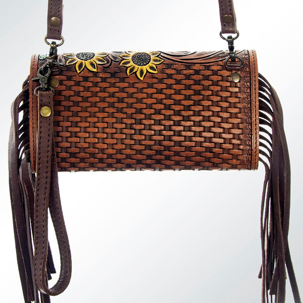 ADBG556 American Darling Hand Tooled Floral Leather Western Wristlet Bag with Fringes