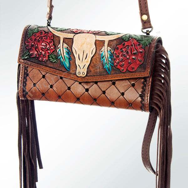 ADBG556 American Darling Hand Tooled Floral Leather Western Wristlet Bag with Fringes