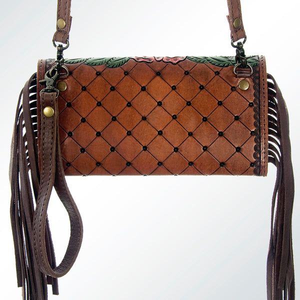 ADBG556 American Darling Hand Tooled Floral Leather Western Wristlet Bag with Fringes