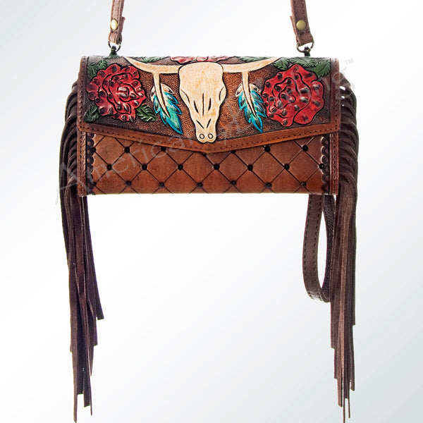 ADBG556 American Darling Hand Tooled Floral Leather Western Wristlet Bag with Fringes