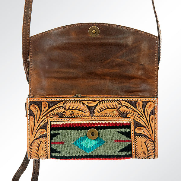 ADBG557DAR1 American Darling Hand Tooled Floral Leather & Woven Saddle Blanket Western Crossbody Bag