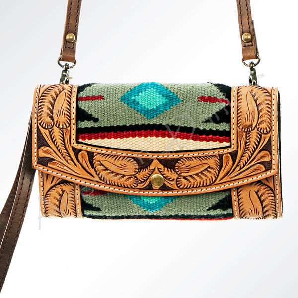 ADBG557DAR1 American Darling Hand Tooled Floral Leather & Woven Saddle Blanket Western Crossbody Bag