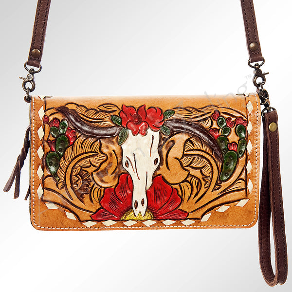 ADBG559 American Darling Hand Tooled Floral Leather Western Organiser Bag with Longhorn