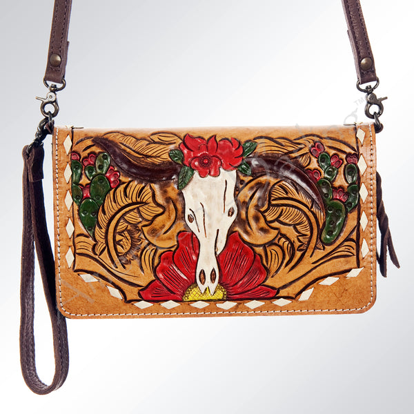 ADBG559 American Darling Hand Tooled Floral Leather Western Organiser Bag with Longhorn