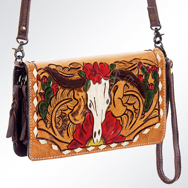 ADBG559 American Darling Hand Tooled Floral Leather Western Organiser Bag with Longhorn