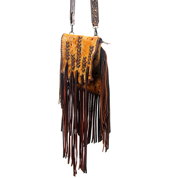 ADBG519 American Darling Hand Tooled Strap & Hair-On Cowhide Western Messenger Bag with Fringes