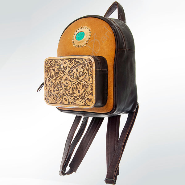 ADBG560 American Darling Hand Tooled Floral Leather Western Backpack with Turquoise Concho