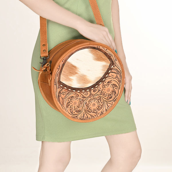 ADBG563TAW American Darling Hand Tooled Floral Leather & Hair-On Cowhide Western Canteen Bag