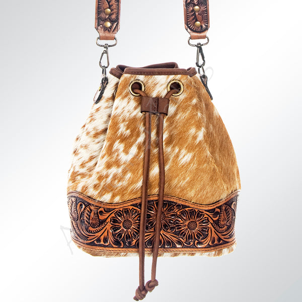 ADBG569 American Darling Hand Tooled Floral Leather & Hair-On Cowhide Western Bucket Bag