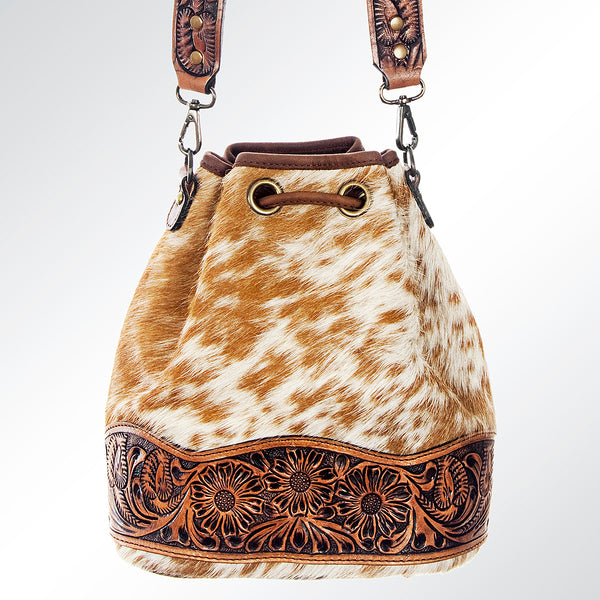ADBG569 American Darling Hand Tooled Floral Leather & Hair-On Cowhide Western Bucket Bag