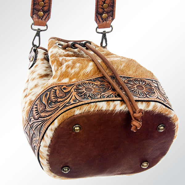 ADBG569 American Darling Hand Tooled Floral Leather & Hair-On Cowhide Western Bucket Bag