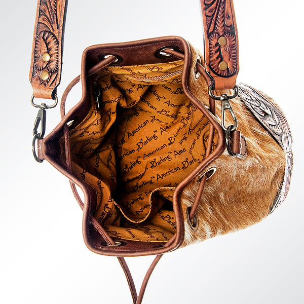 ADBG569 American Darling Hand Tooled Floral Leather & Hair-On Cowhide Western Bucket Bag