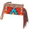 ADBG344 American Darling Hand Tooled Western Leather Wristlet Bag with Fringes and Woven Saddle Blanket