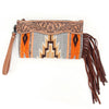 ADBG344 American Darling Hand Tooled Western Leather Wristlet Bag with Fringes and Woven Saddle Blanket