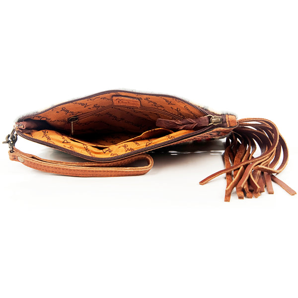 ADBG344 American Darling Hand Tooled Western Leather Wristlet Bag with Fringes and Woven Saddle Blanket