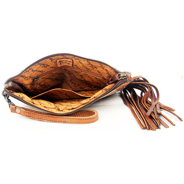 ADBG344 American Darling Hand Tooled Western Leather Wristlet Bag with Fringes and Woven Saddle Blanket